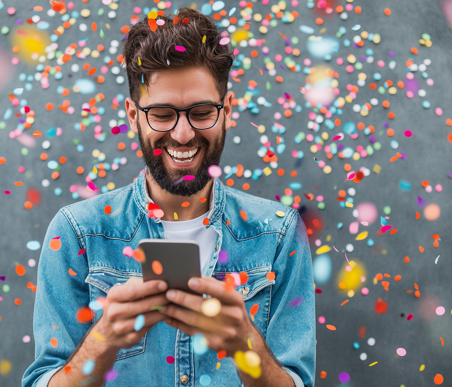 Crea Energía — lächelnder Kunde prüft seine Energie-App inmitten von Konfetti