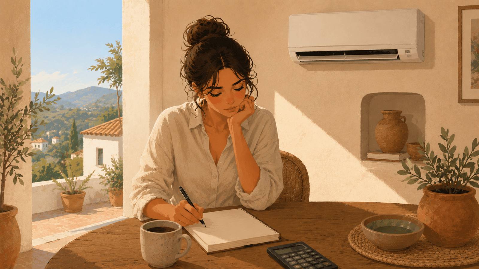 Illustration of a woman doing sums at a table in a sunlit Spanish room with a wall-mounted split air-conditioner above her and hills through the doorway.
