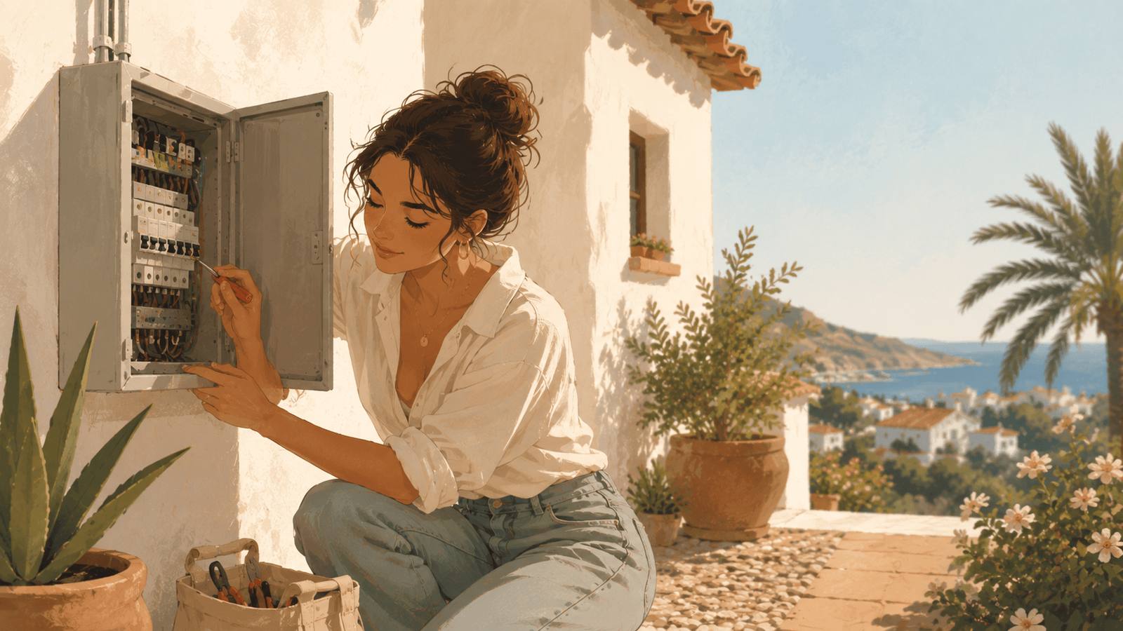 Illustration of a woman opening the electrical fuse box outside a white Spanish house with palm tree and hills behind.
