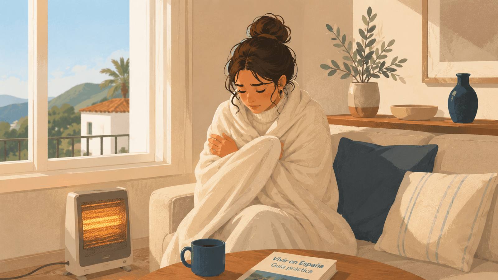 Illustration of a woman wrapped in a blanket on a sofa in a sunlit Spanish living room with an electric heater on the tiled floor beside her.
