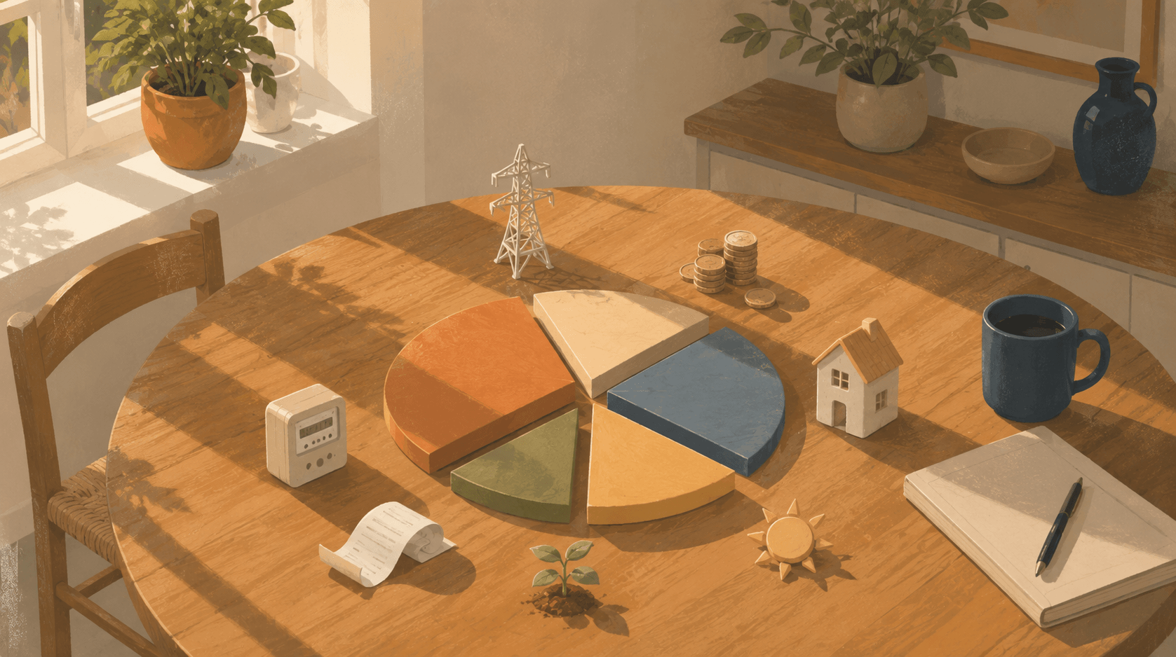 Illustration eines Kreisdiagramms der Energiekosten auf einem Holztisch mit Strommast, Haus und Sonne – dynamische indexierte Strompreise in Spanien.