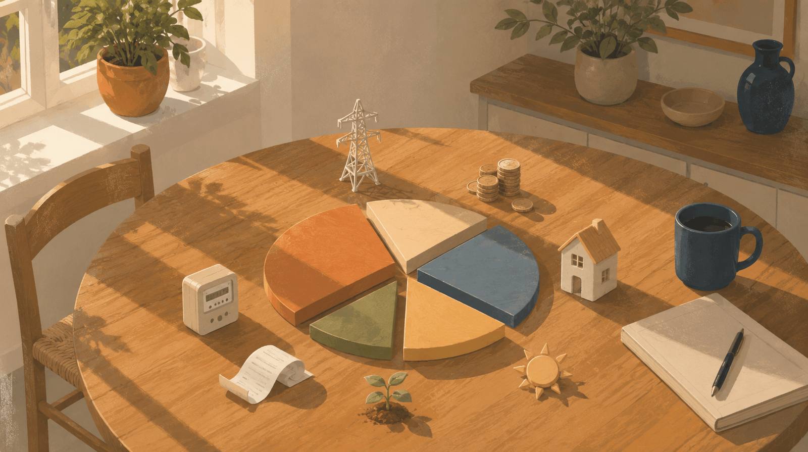 Illustration of a pie chart of energy costs on a wooden table with a small pylon, house and sun — dynamic market-indexed electricity prices in Spain.