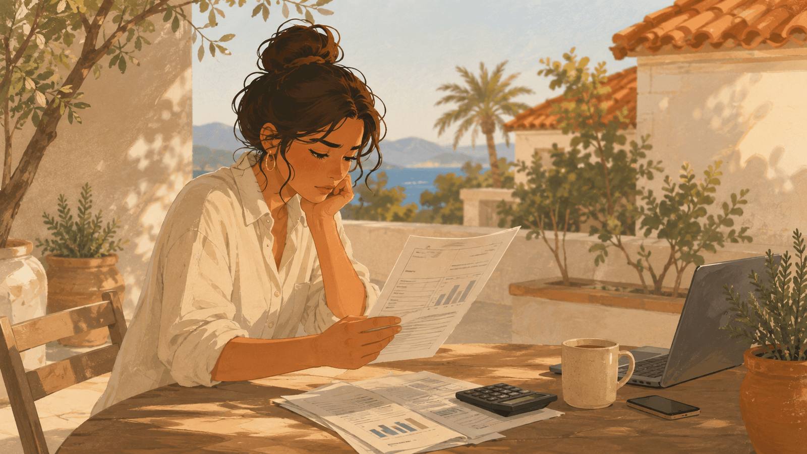 Woman reading her Spanish electricity bill on a sunny terrace, with a laptop and calculator on the table.