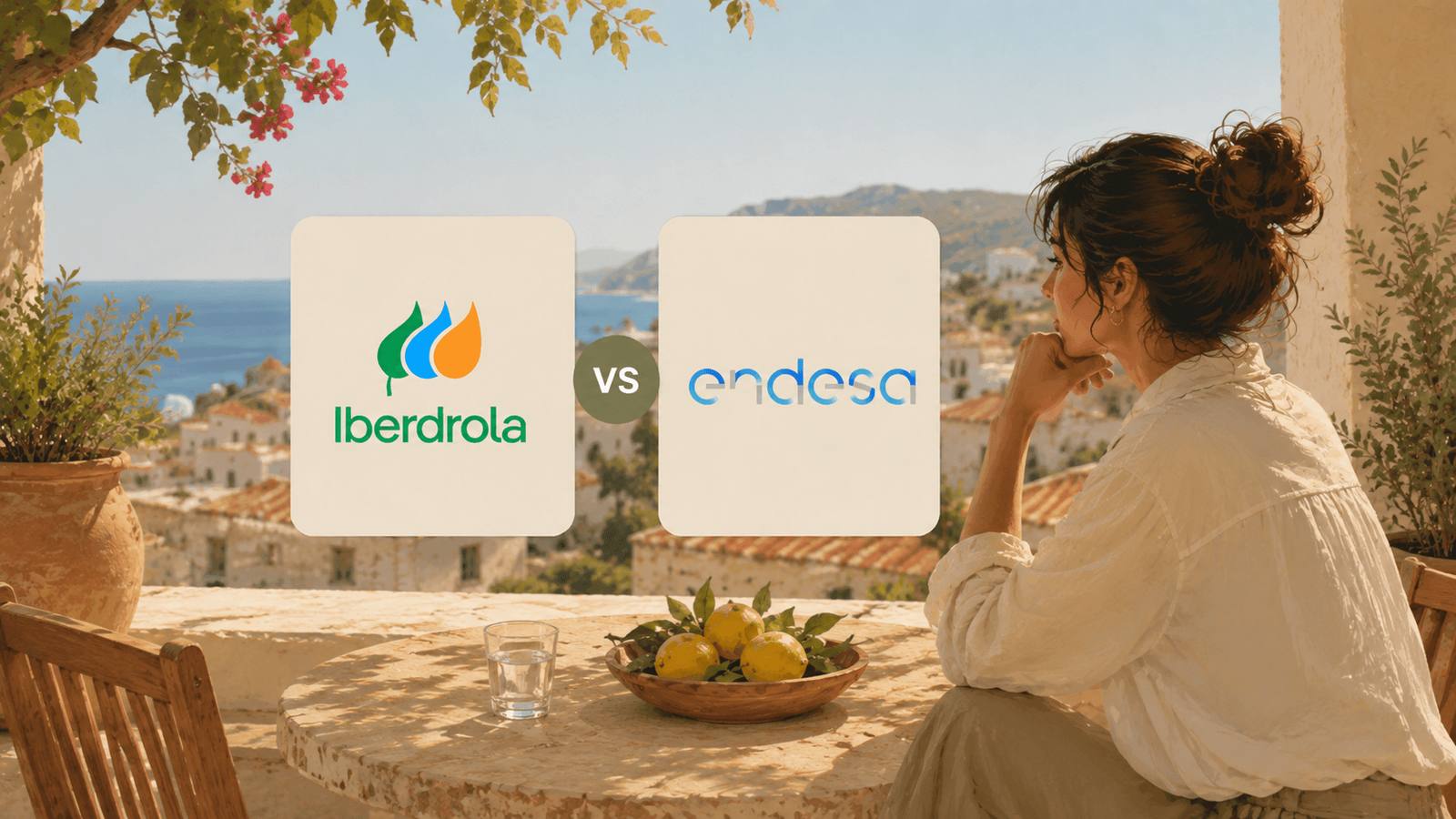 Illustration of a woman on a sunny Spanish terrace beside two cards showing the Iberdrola and Endesa logos.