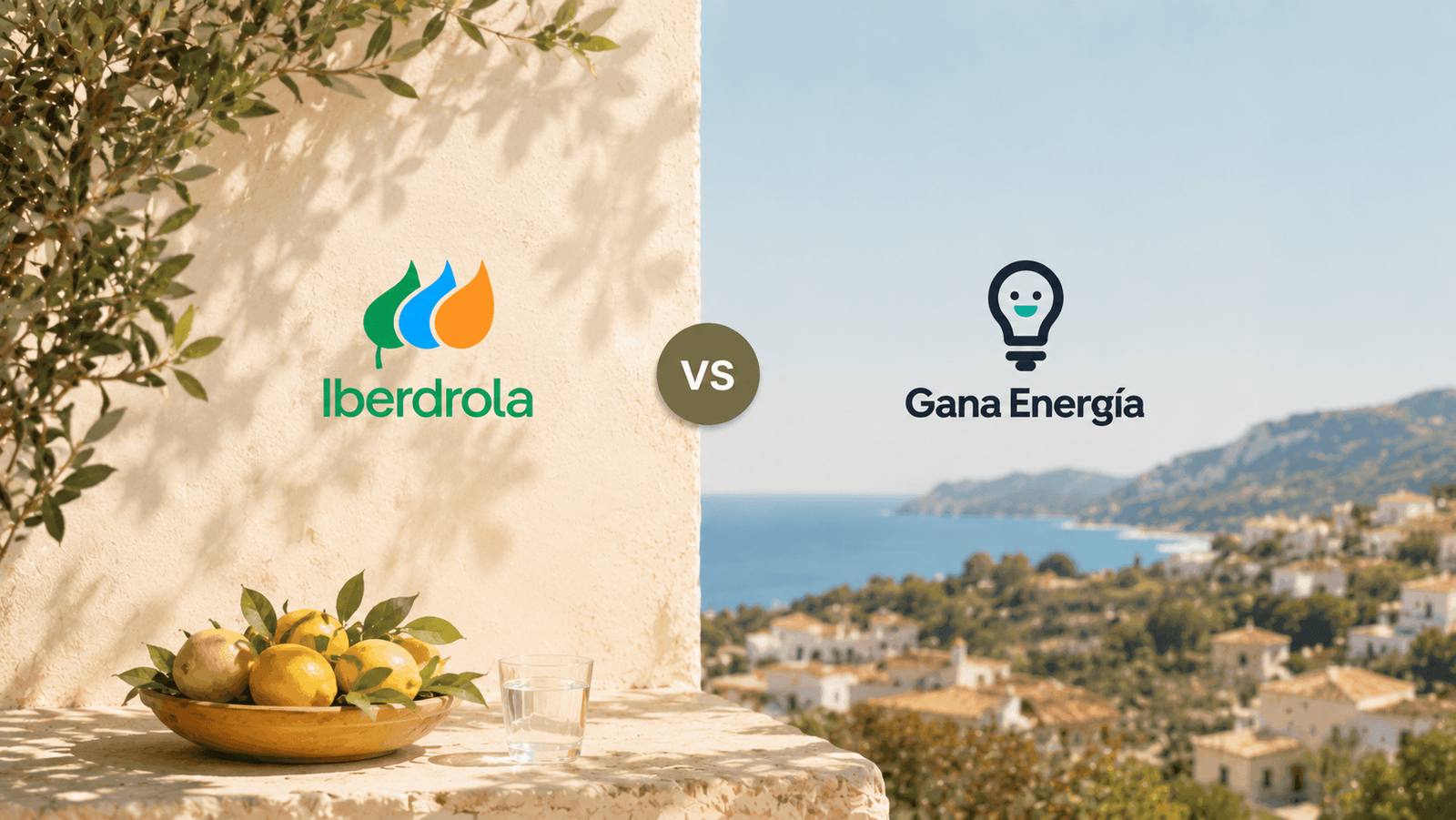 Zonnig Spaans terras met uitzicht op de kust, met de logo's van Iberdrola en Gana Energía naast elkaar.