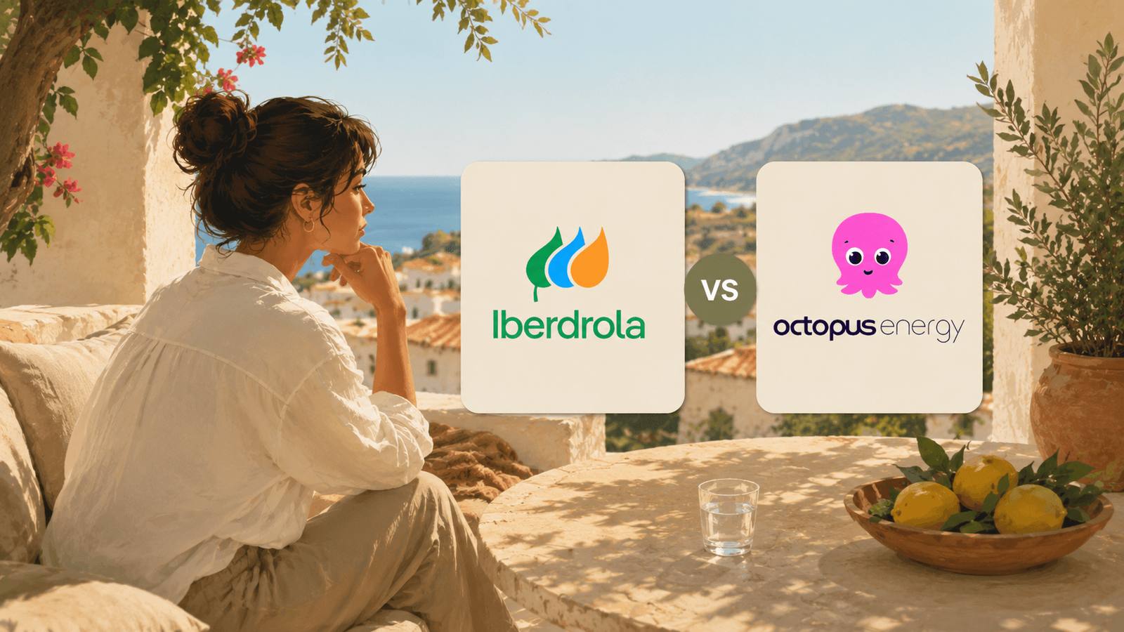 Illustration of a woman on a sunny Spanish terrace beside two cards showing the Iberdrola and Octopus Energy logos.