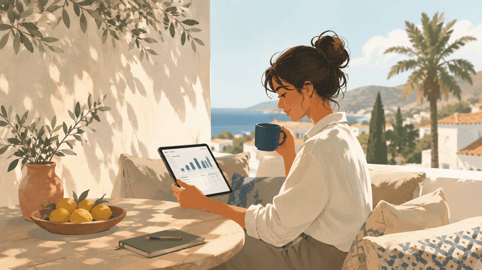 Illustration of a woman reviewing her Spanish electricity bill on a tablet, on a sunny terrace overlooking the sea.