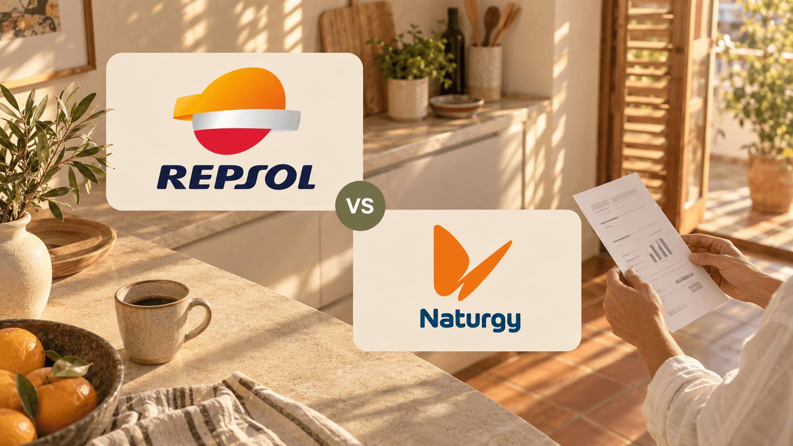 Sunny Spanish kitchen with Repsol and Naturgy logos and a person reading an electricity bill.