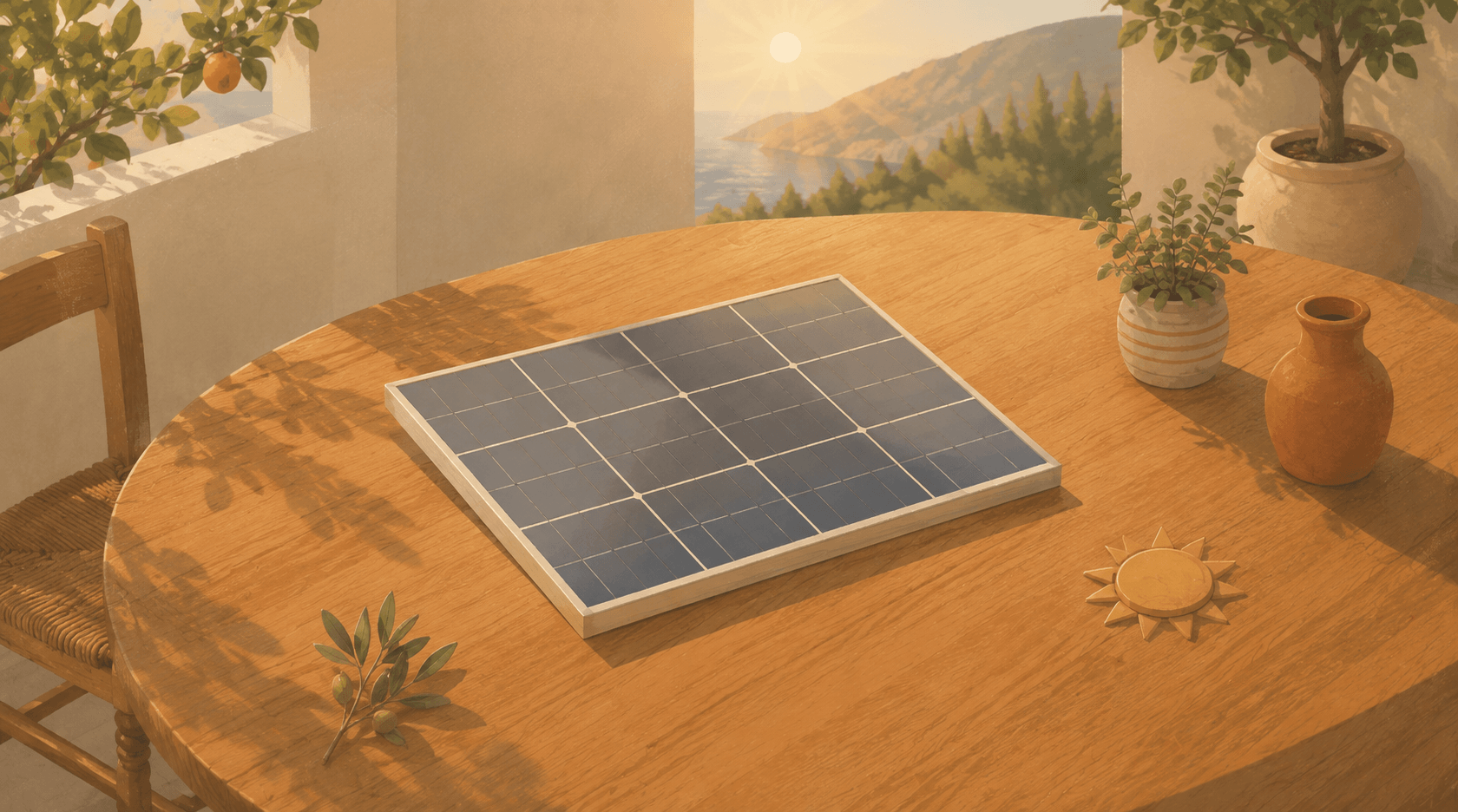Solarpanel auf einem Holztisch auf einer spanischen Terrasse mit Blick auf Meer und Sonne.