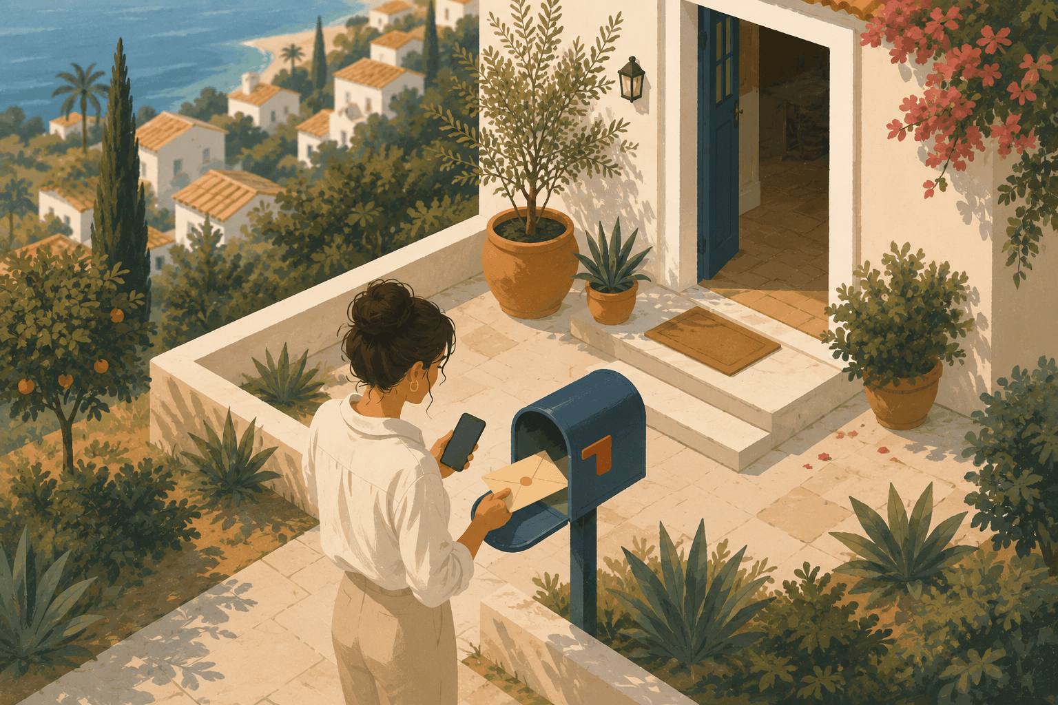 Illustration of a homeowner unlocking a tangle of energy cables and routing power cleanly to a Spanish home.