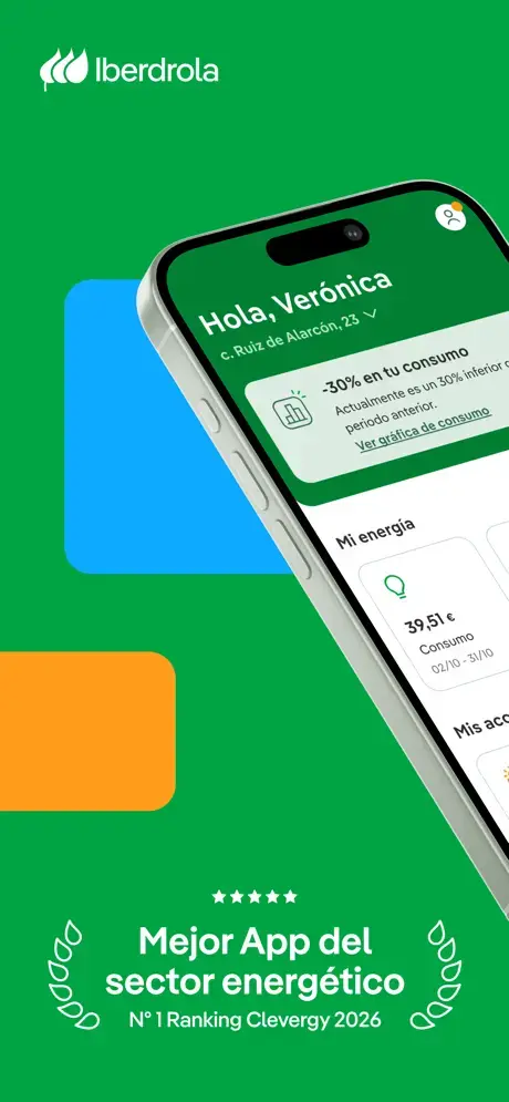 Screenshot of the Iberdrola Clientes app showing consumption and billing screens.