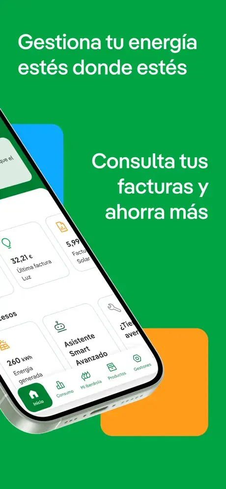 Screenshot of the Iberdrola Clientes app showing consumption and billing screens.